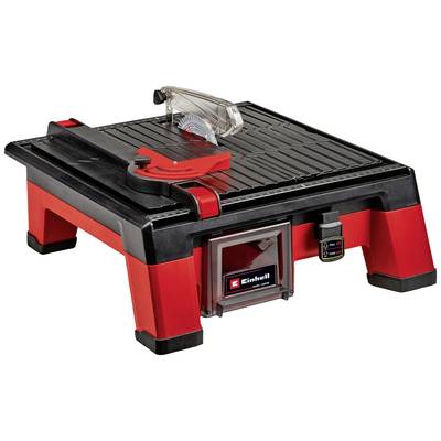 'Einhell' Table Tile Cutter with visible circular saw blade, black and red housing, protective cover, suitable for precise tile cutting.