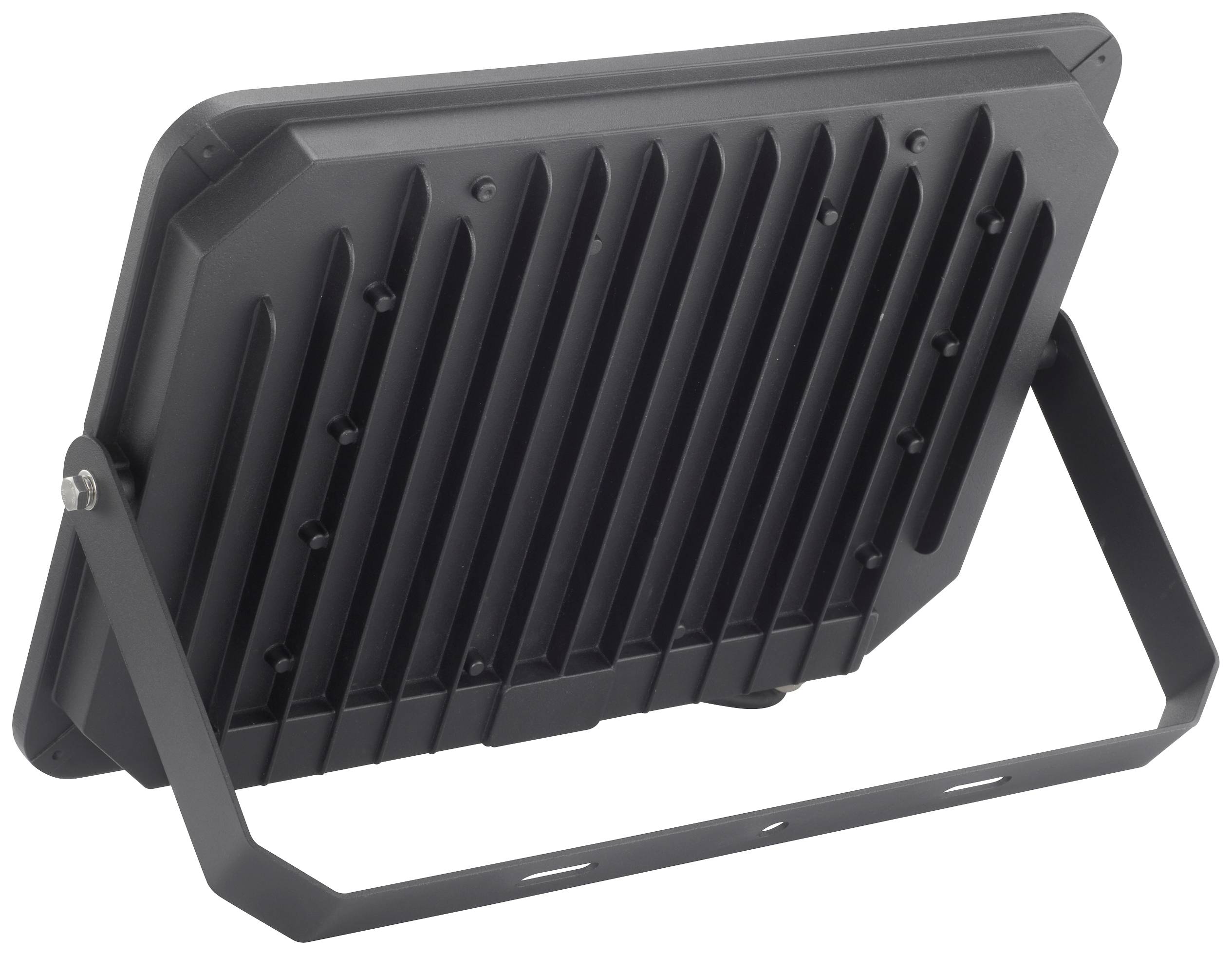 Black LED floodlight with cooling fins on the rear and an adjustable mounting bracket. Suitable for exterior lighting.