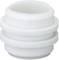 White, cylindrical plastic cap with multiple grooves, potentially a component of a technical or mechanical device.