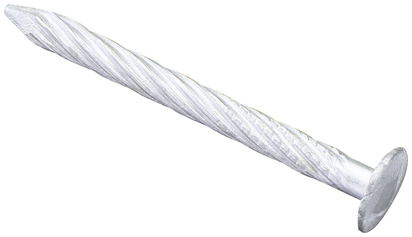 A silver, serrated nail with a flat head.