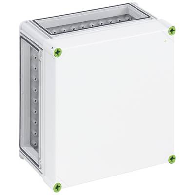 White rectangular plastic box with green screws at the corners. Box has an open top and holes on the sides.<br><br>Note: The translation is already in British English, so no changes were necessary.