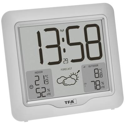 Digital thermometer showing time '13:58'. Room temperature 21°C, Outside temperature 8°C, Indoor humidity 52%, Outdoor humidity 78%. Weather forecast symbol with clouds and sunrays.