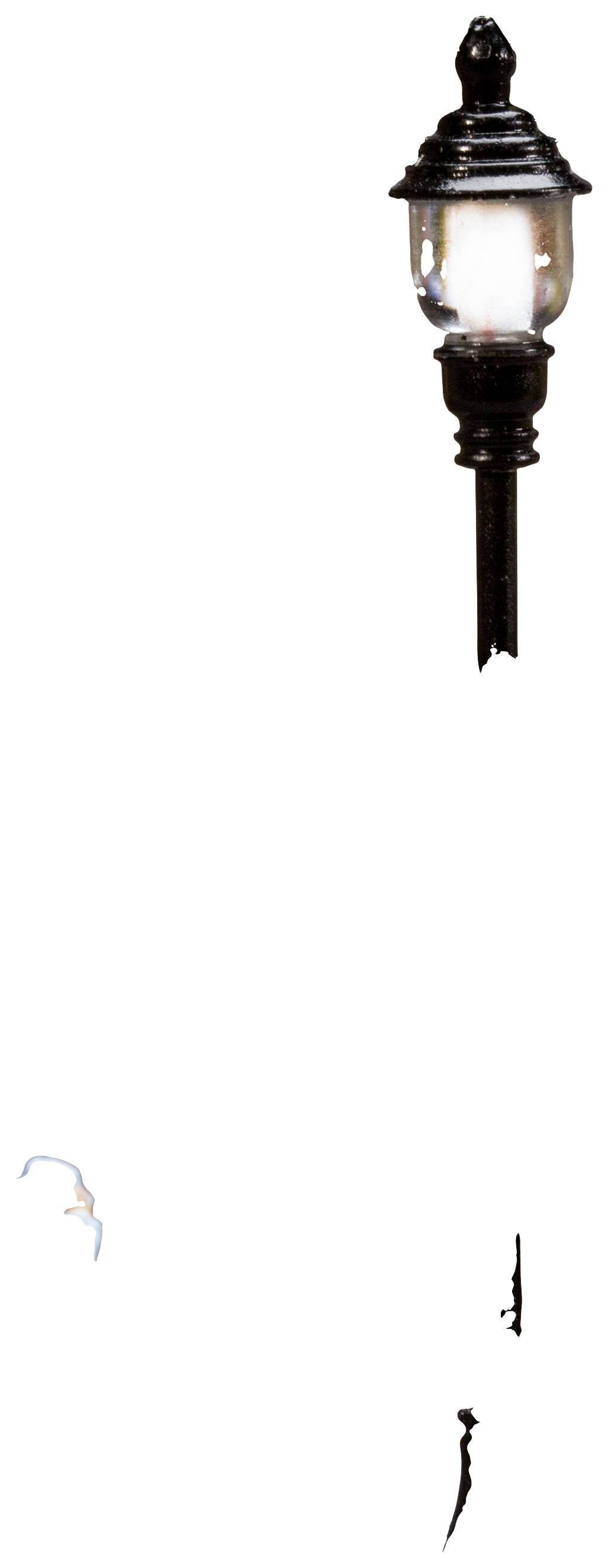 'Old rusty street lamp on a tall black pole'