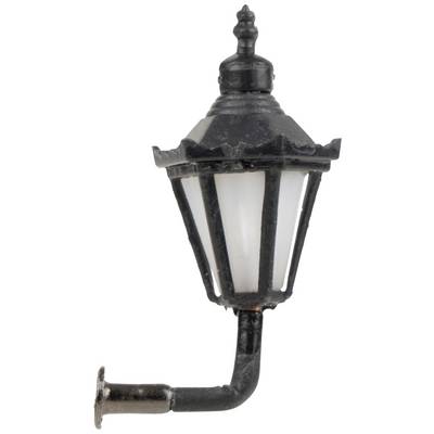 A black, antique wall light with a curved, white glass shade. Perfect for historical or nostalgic exterior decorations.