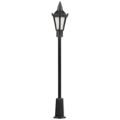 A black street lamp with a classic lantern style, suitable for miniature representations and model building.