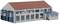 Grey model railway depot with a red roof, blue doors and windows. Rectangular shape, side building with stairs on the right.
