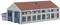 A model building with a red pitched roof and blue doors and windows, representing an industrial warehouse.