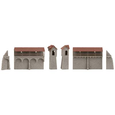Stone wall and tower with a red roof, depicted in five separate sections for model building, detailed with arches and wooden structure.