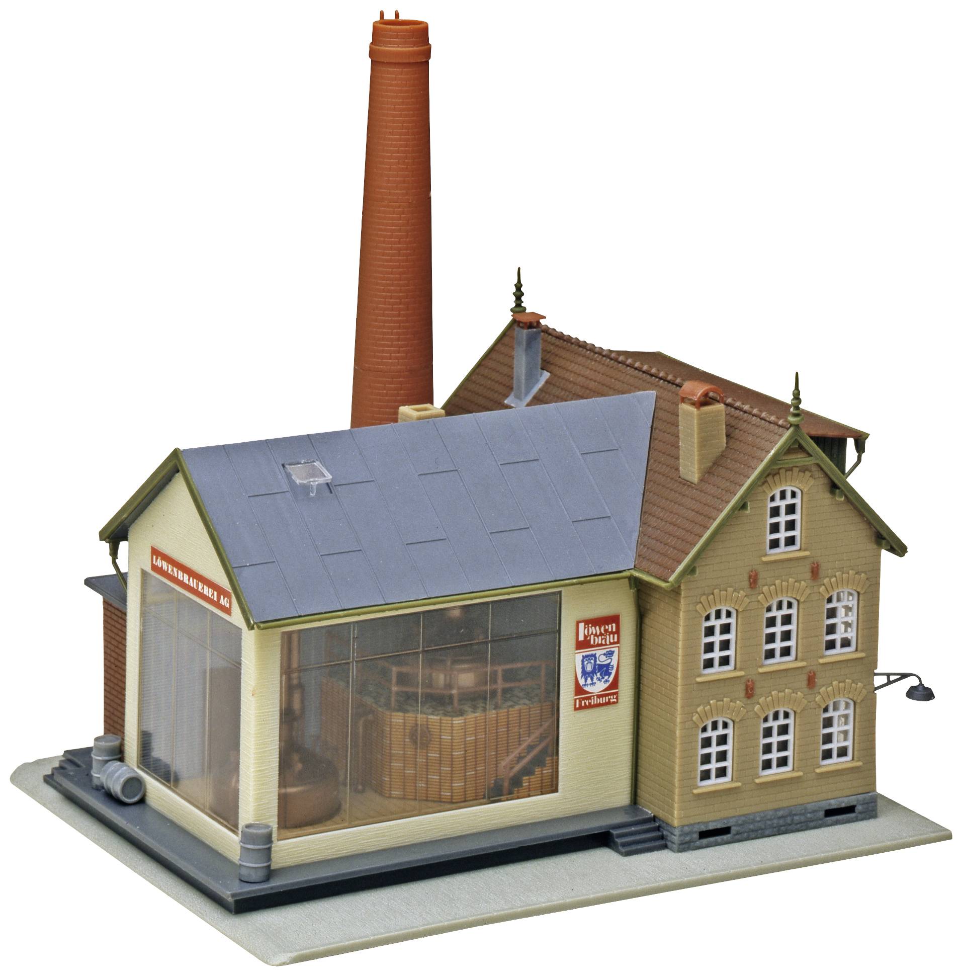Small model of a brewery with a chimney, glass front revealing brewing kettles inside, typical industrial design, nostalgic style.