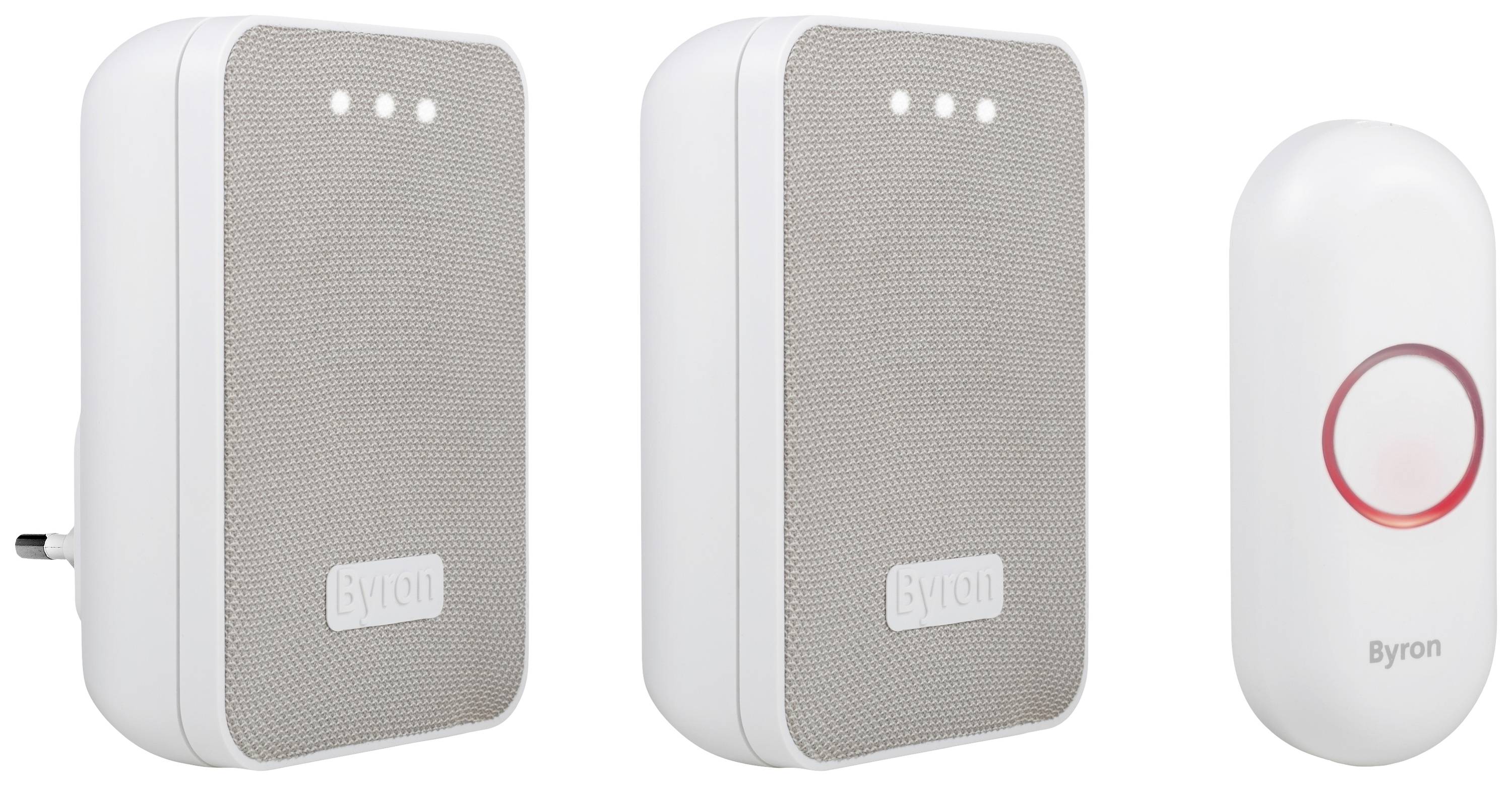 Two wireless doorbell receivers and a round bell push. Receivers have a plug-in design; button illuminates red.