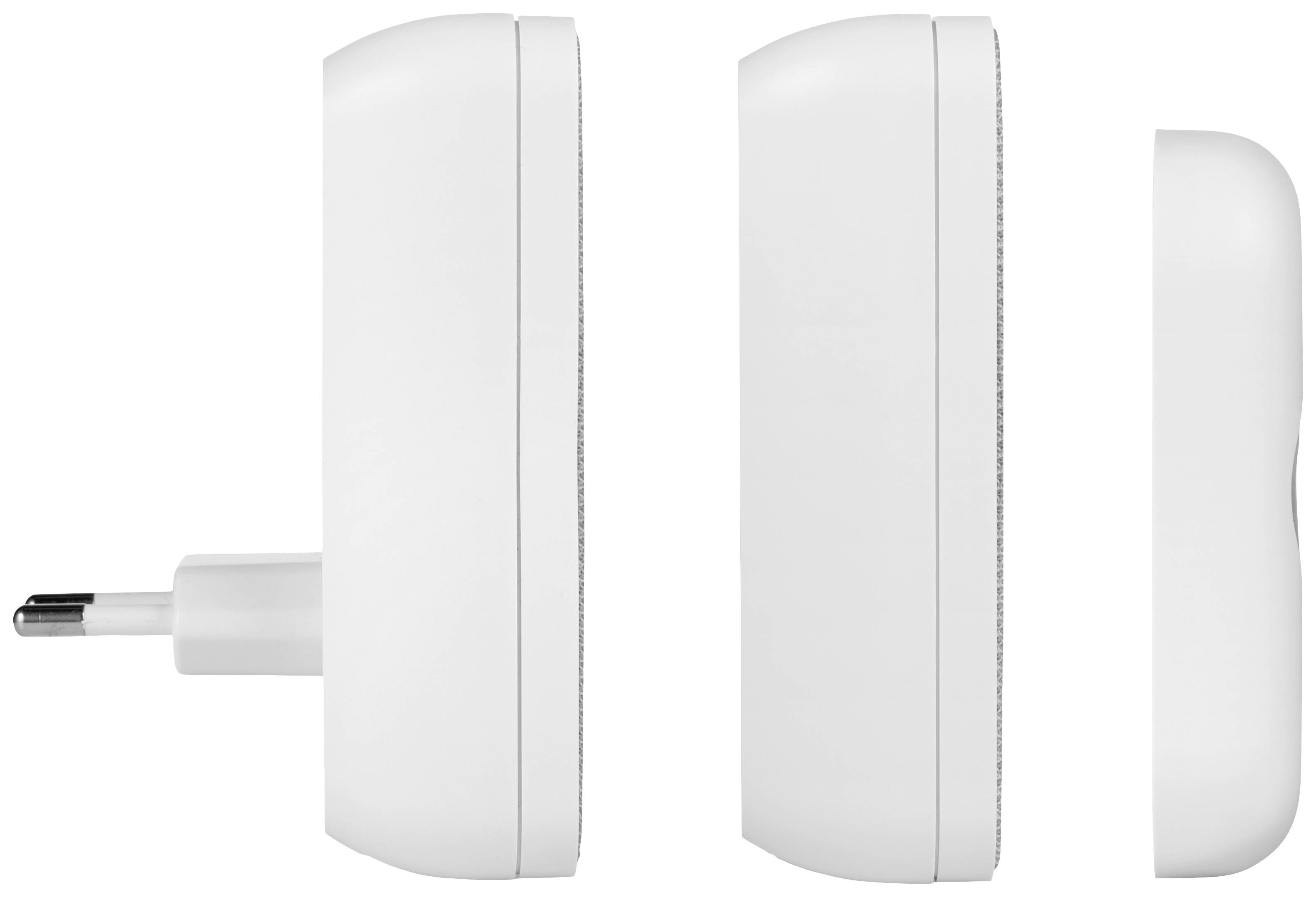 Three white plug-in power adapters in side view, showing plug, middle section, and back. Suitable for electronic devices.