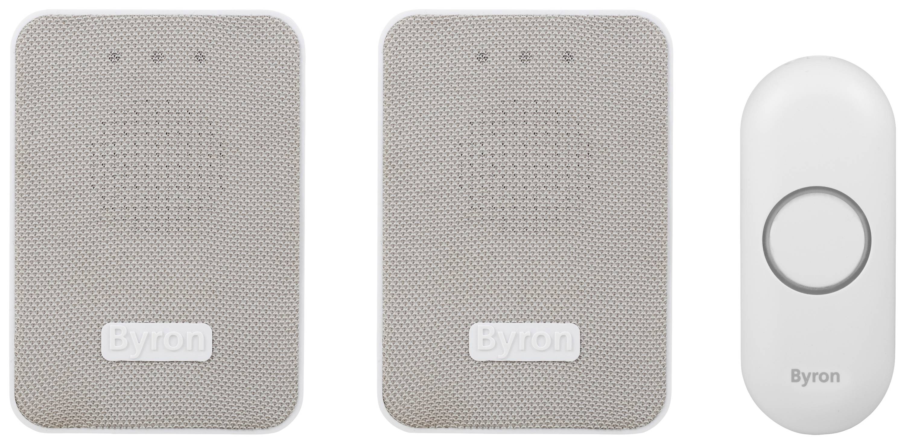 Two wireless doorbell receivers with speaker grilles and a white bell button on the right-hand side.