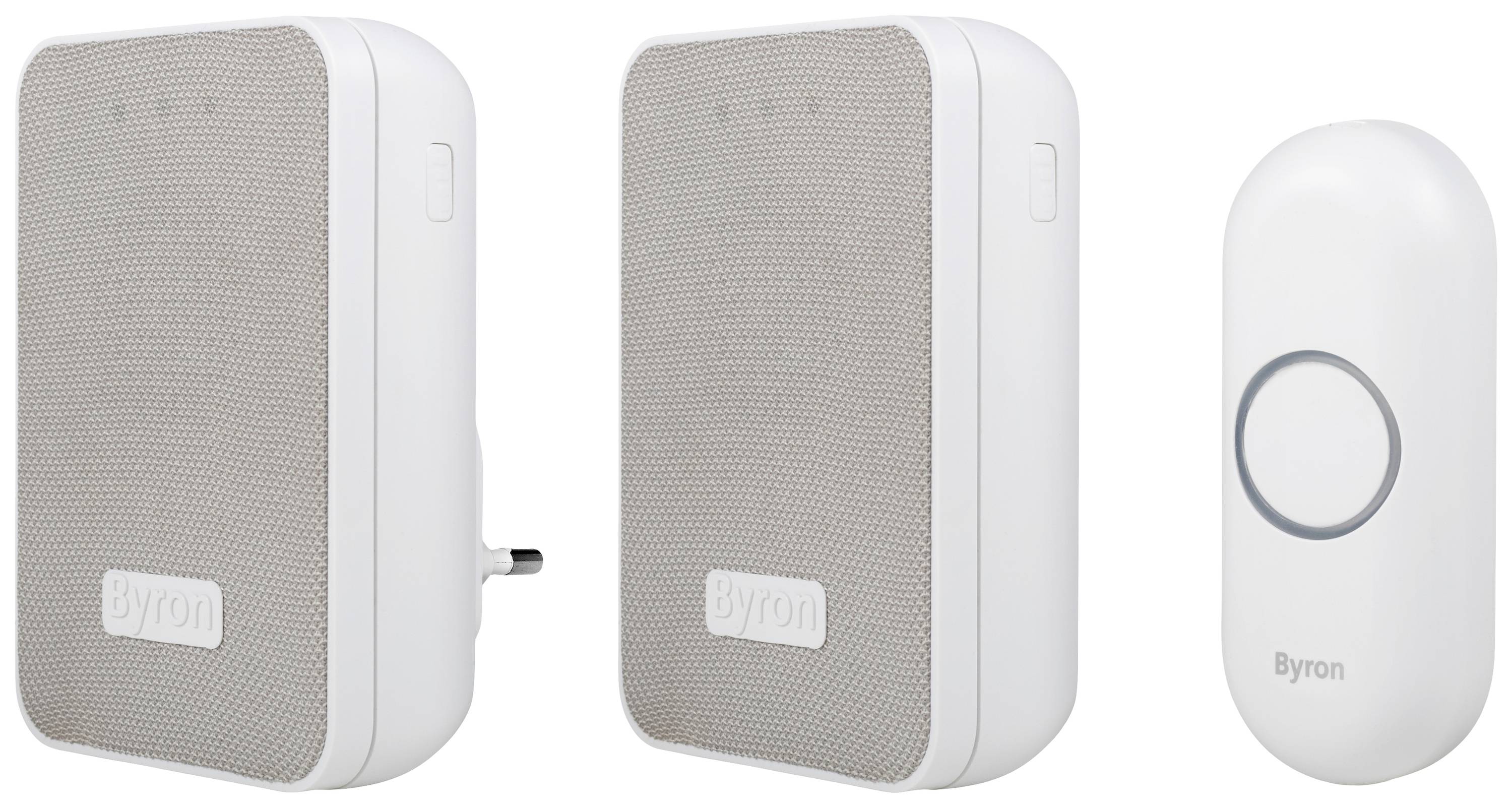 Wireless doorbell with two speakers and a push button. Speakers feature a grey mesh pattern, push button illuminated.