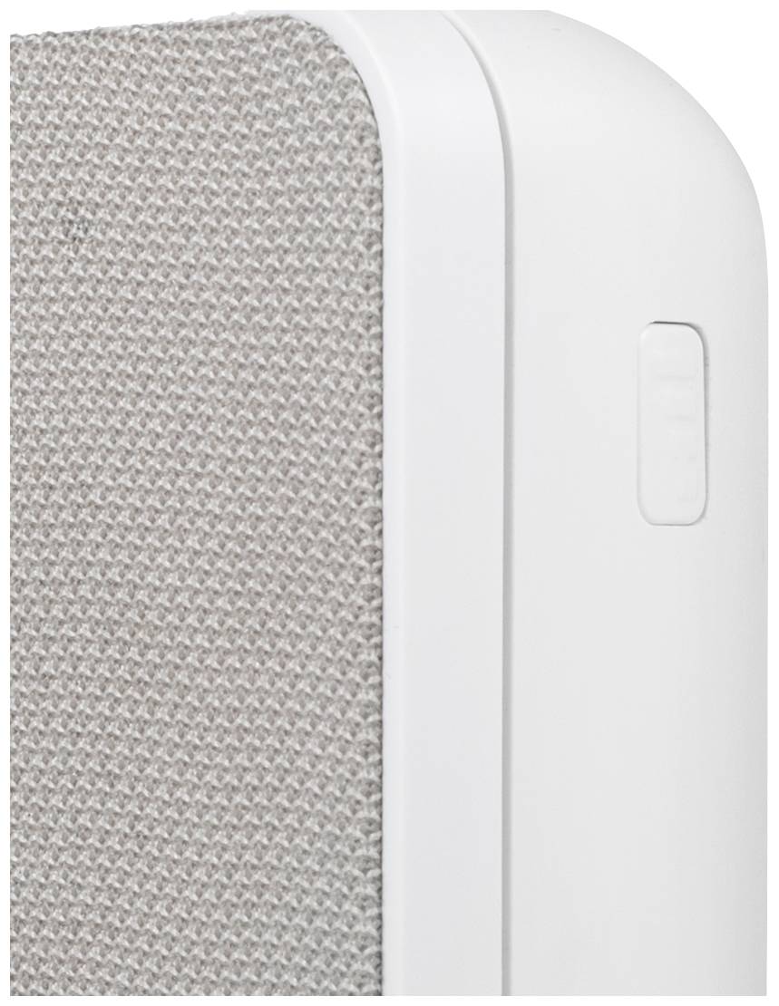 Close-up of a speaker with a grey fabric cover and white border. A small button is located on the right side.