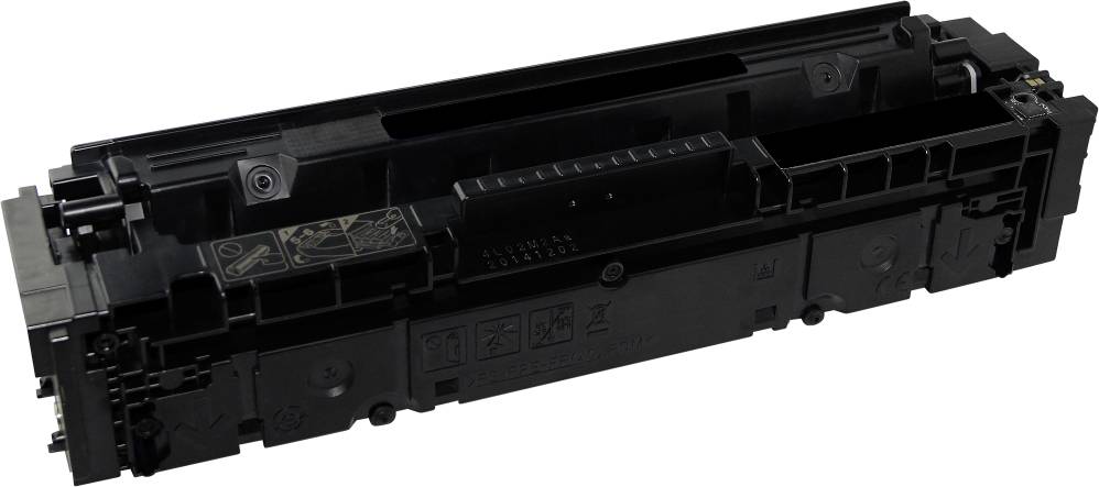 A black printer cartridge in a rectangular shape is lying on its side.