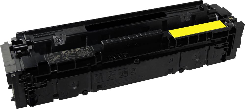 Black printer cartridge with yellow element, rectangular, with various technical and safety markings on the surface.