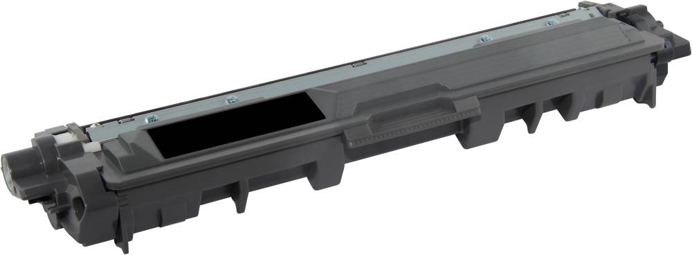 A toner cartridge in a rectangular shape, primarily black. It is a replacement part for laser printers and contains black toner.