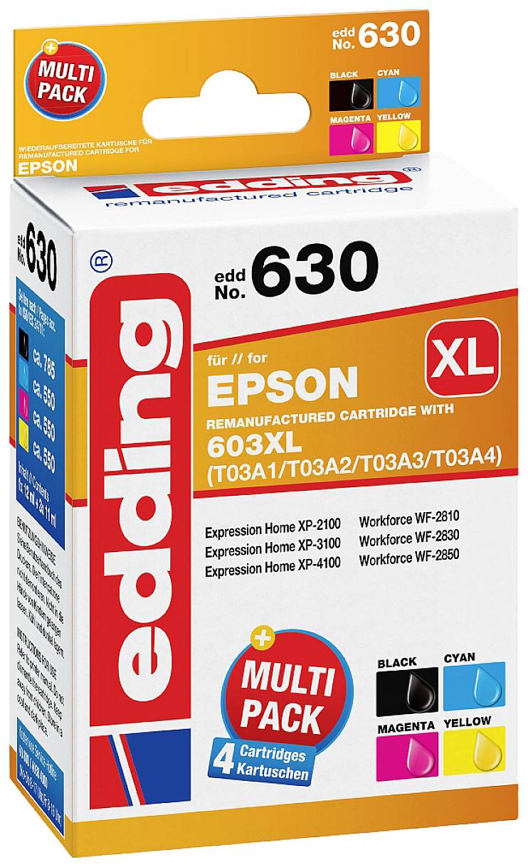 Buy Edding Ink set replaced Epson 603XL (T03A1/A2/A3/A4) Compatible Black,  cyan, magenta, yellow EDD-630 18-630