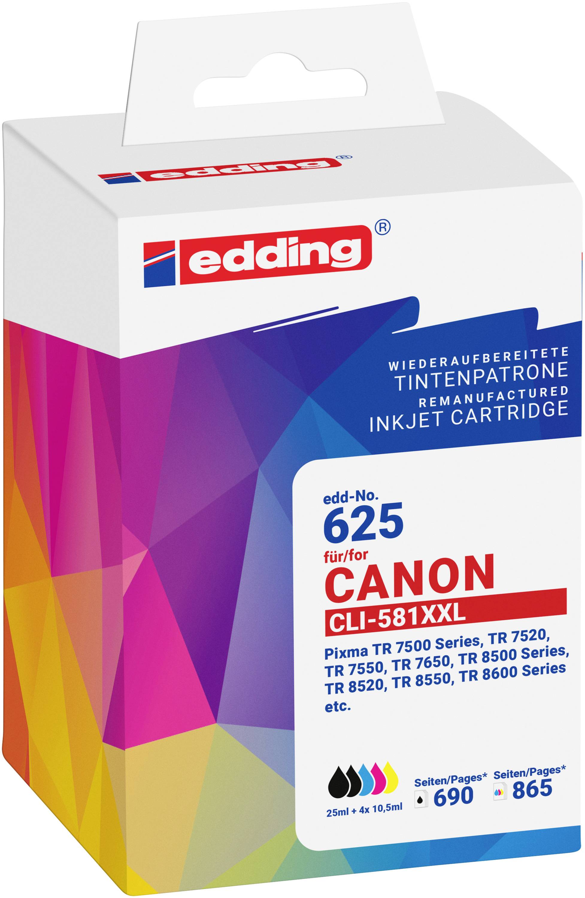Edding remanufactured inkjet cartridge box for Canon CLI-581XXL, showing compatibility with multiple Canon printer models and page yield.