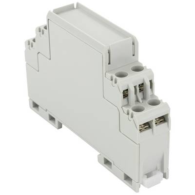 Grey-white electrical circuit breaker in rectangular form, with multiple connections at the top and bottom, designed for mounting on DIN rails.