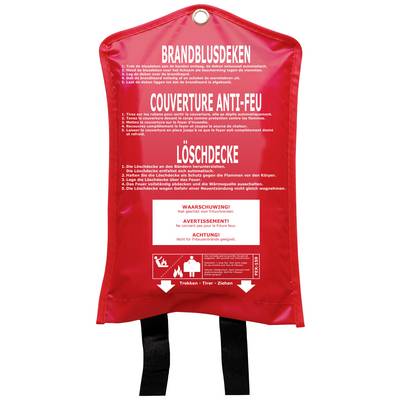 Red fire blanket with multilingual instructions for use in case of fires and warning notices, including pictograms for usage.