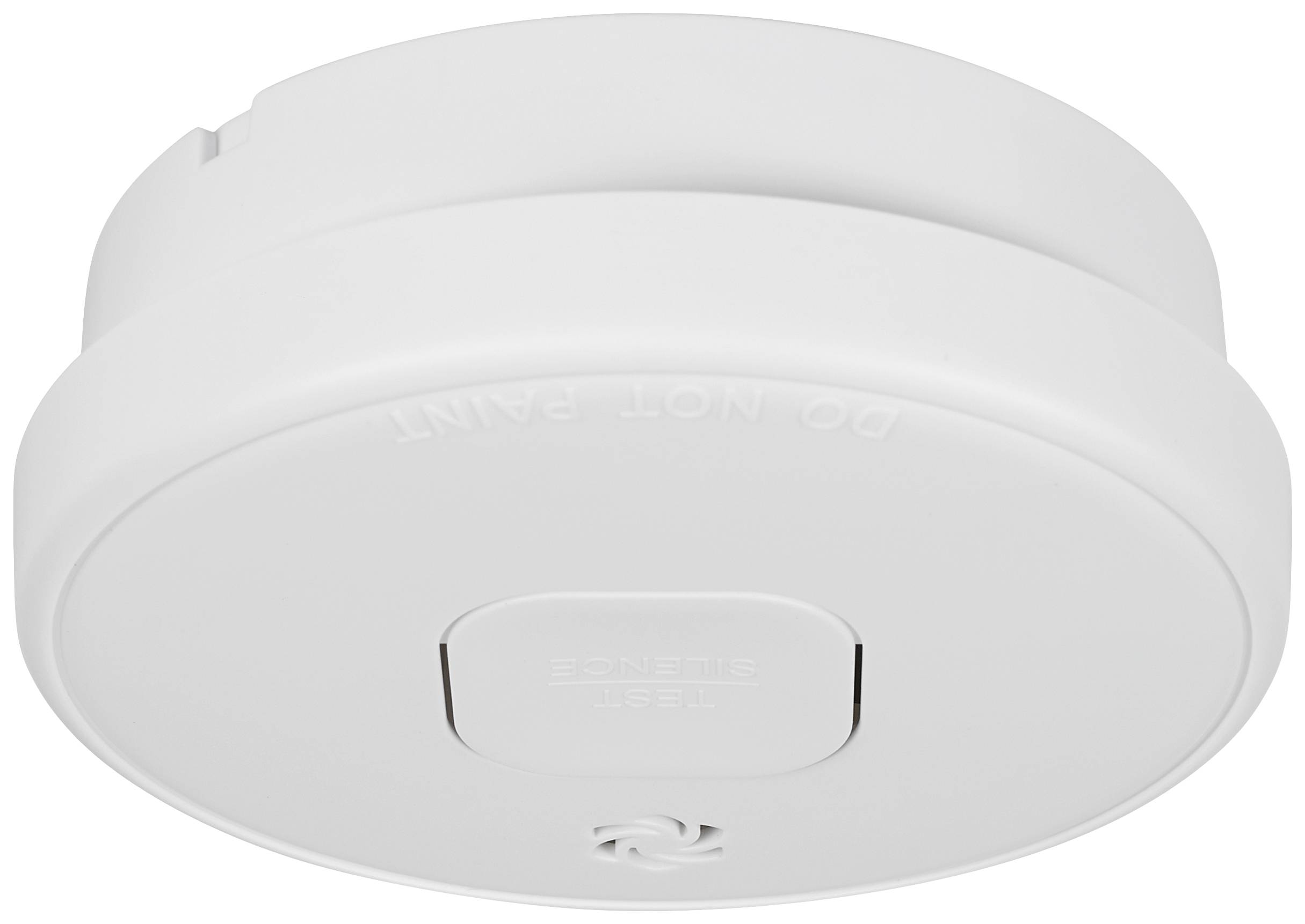 Smoke detector in a white casing, mounted on the ceiling.