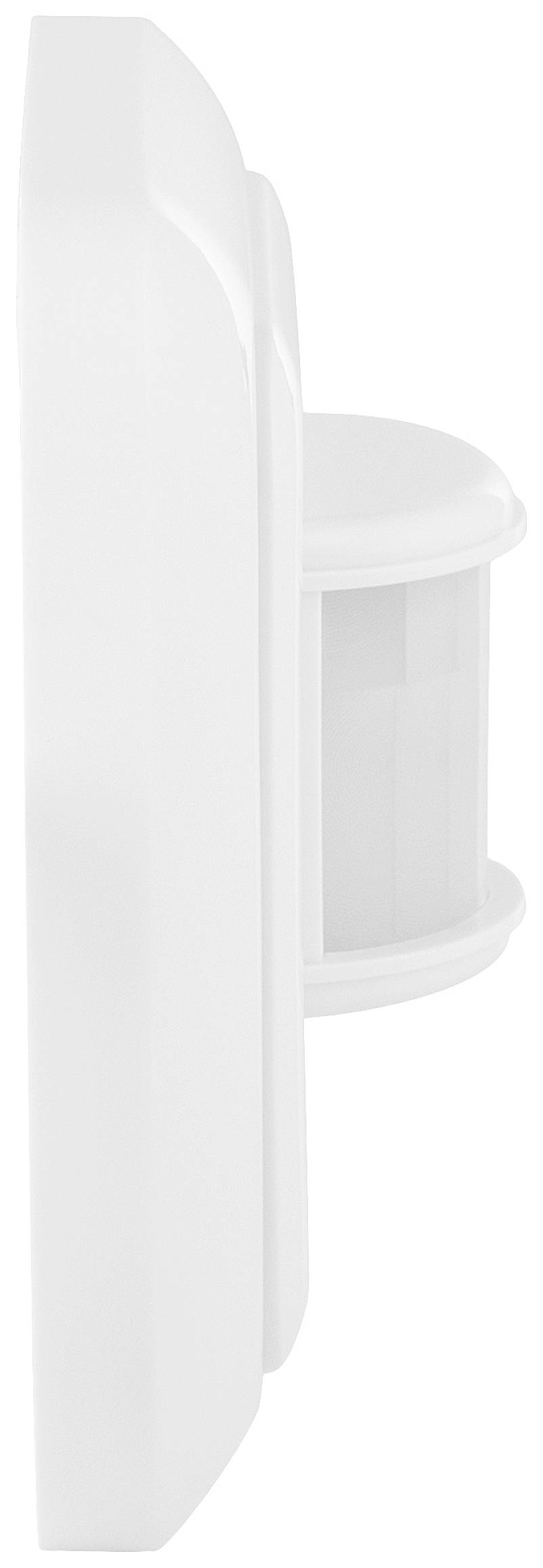 Side view of a white motion sensor with a semi-circular cover, suitable for wall mounting in a residential or working area.