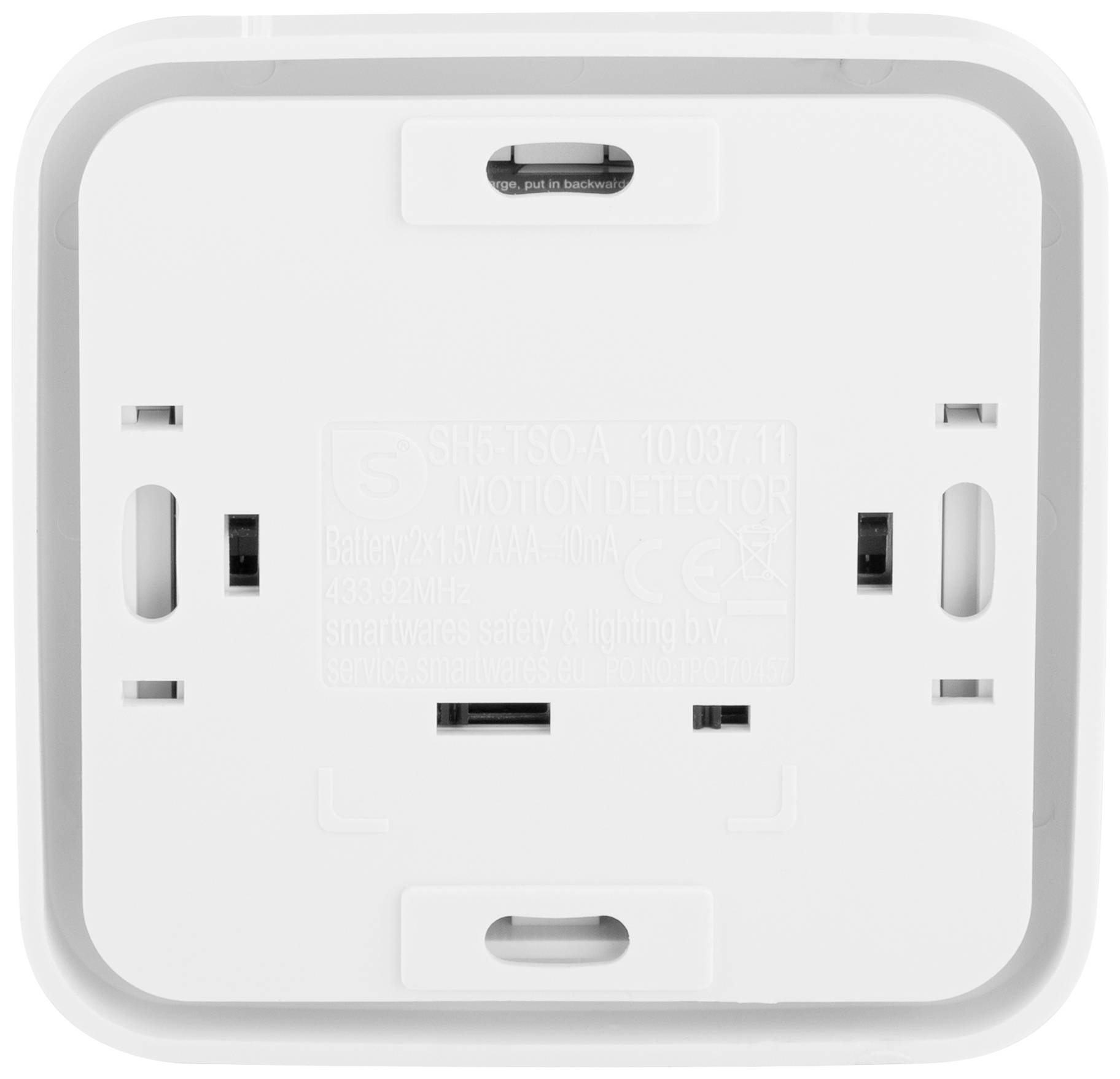 Back of a white motion sensor with an indication of battery positioning at the top.