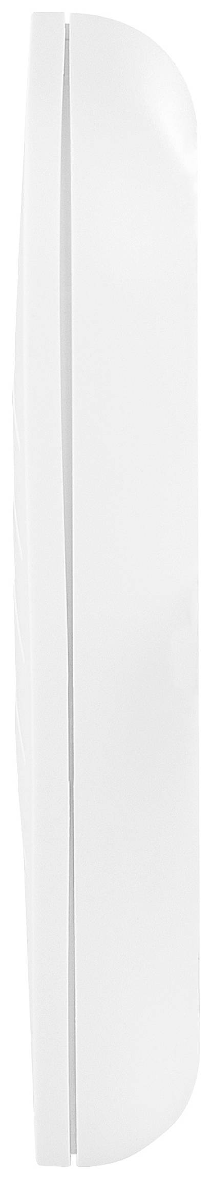 Side view of a white, slim object with a rounded edge, which could potentially be a technological or electronic device.