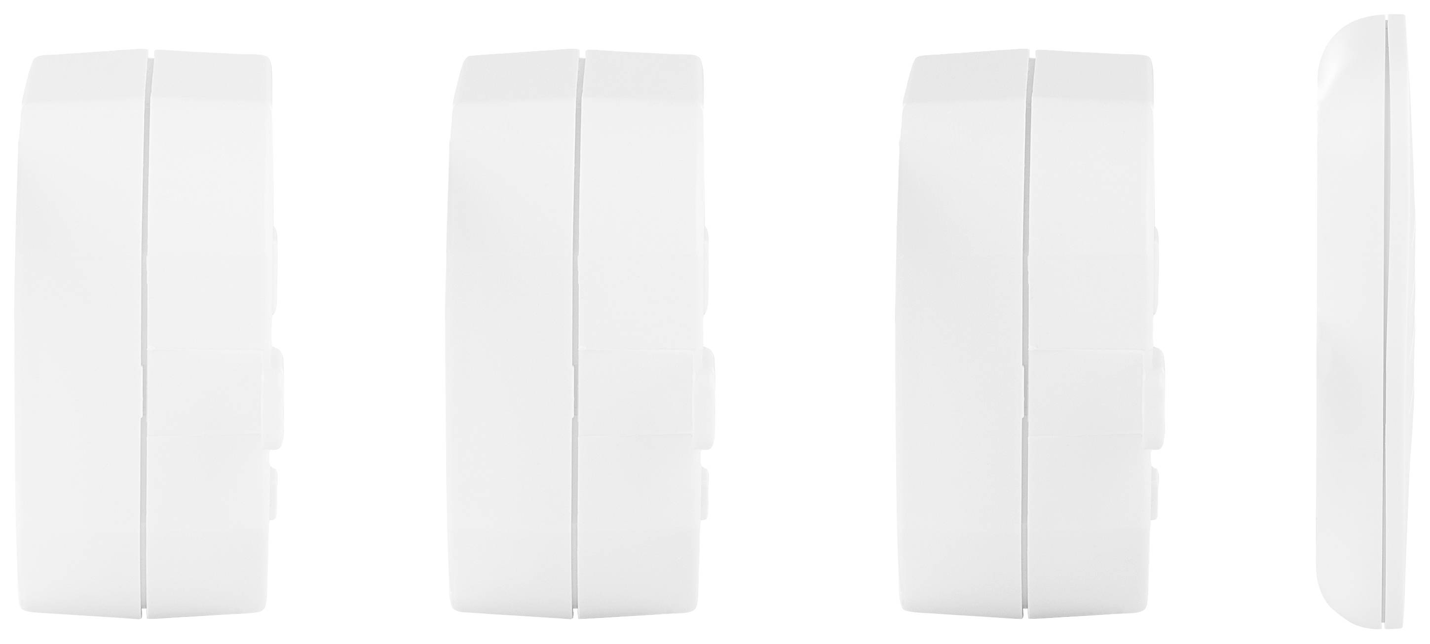 Four white, rectangular devices side by side in a lateral view. They are identical and show different sides.