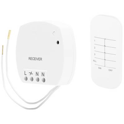 A white receiver with connection terminals and cables, next to a remote control with buttons '1' through '4', 'ALL', 'ON', and 'OFF'.