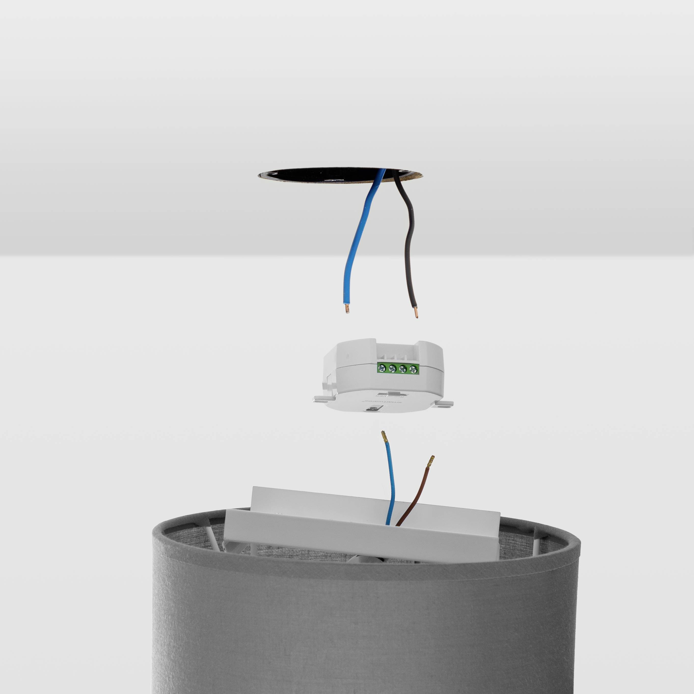 The illustration shows an open ceiling connection with loose cables and a white connecting piece, ready for installation.