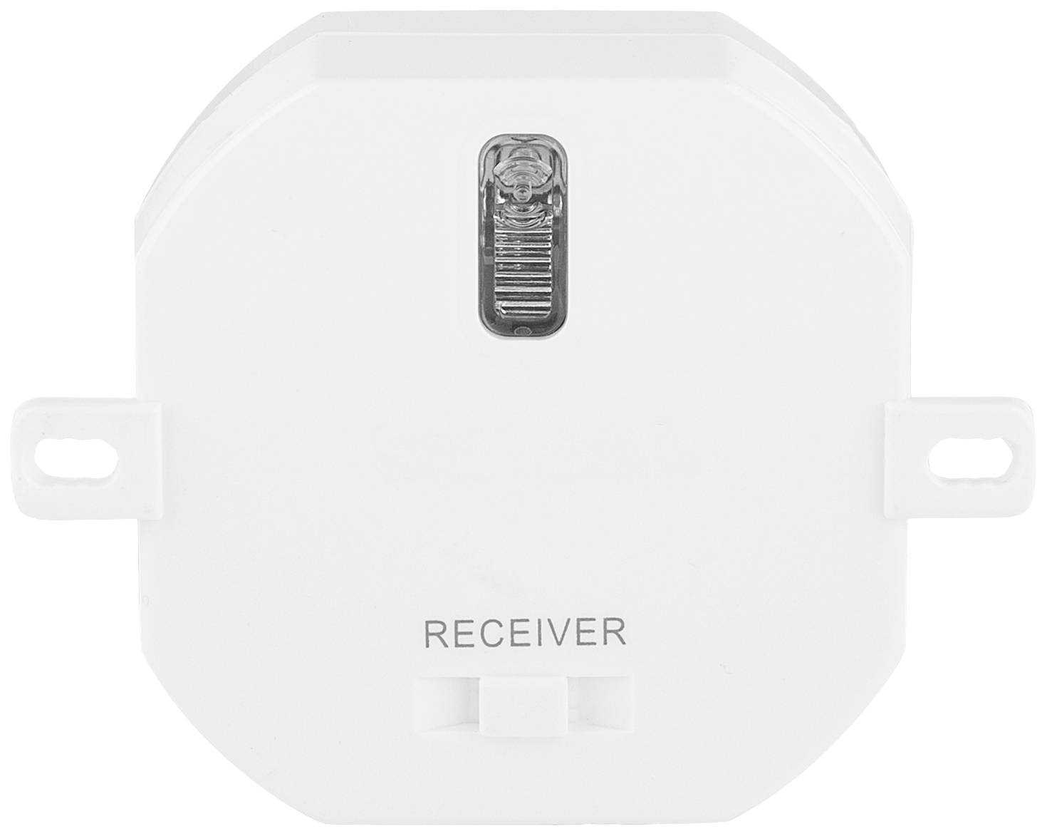 A rectangular, white receiver with two mounting holes and a transparent switch on top, labelled 'Receiver'.