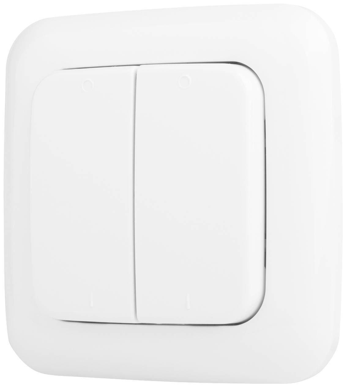 Double light switch on a white wall, with two rectangular buttons for switching devices or lights on and off.