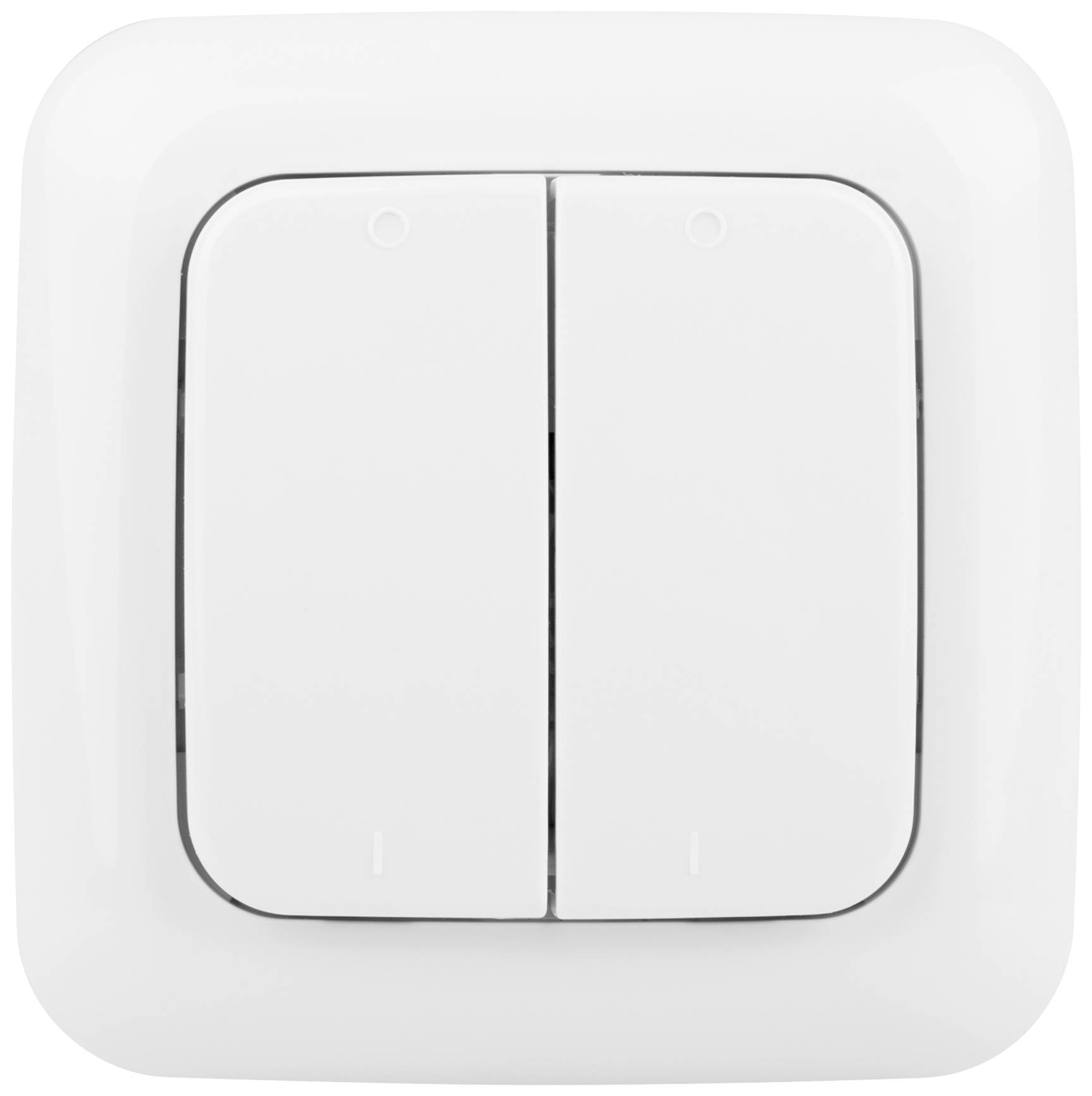 White, double light switch on a wall, both switches flipped up from the central position.