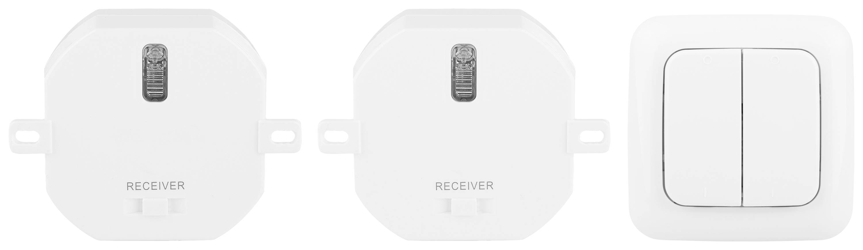 Two white radio receivers and a double switch on a white background. The receivers are labelled 'RECEIVER'.