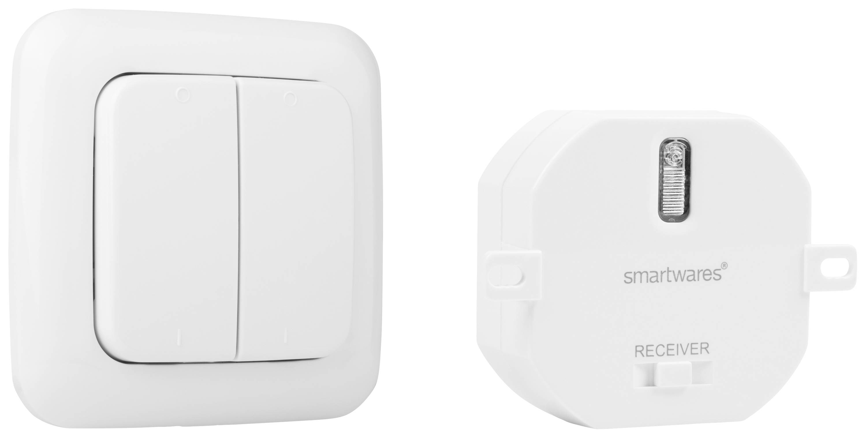 A wireless light switch with receiver by Smartwares, for turning lighting systems on and off in a room.