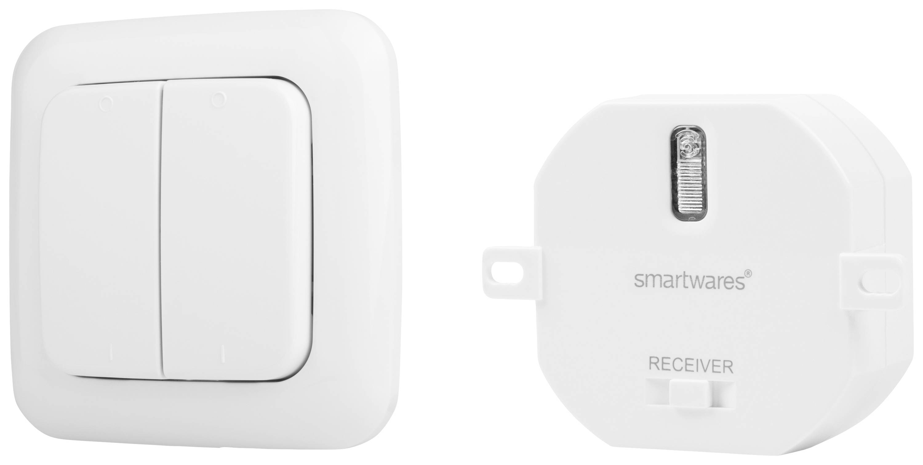 A white wall switch next to a Smartwares receiver, both in a minimalist design. The switch has two buttons, and the receiver features an LED display.