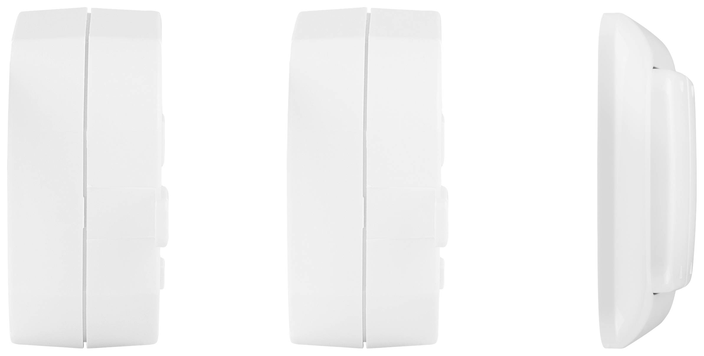 Three white, rectangular electronic devices from different angles. On the left, two devices viewed from the side, on the right, one device viewed from the back.