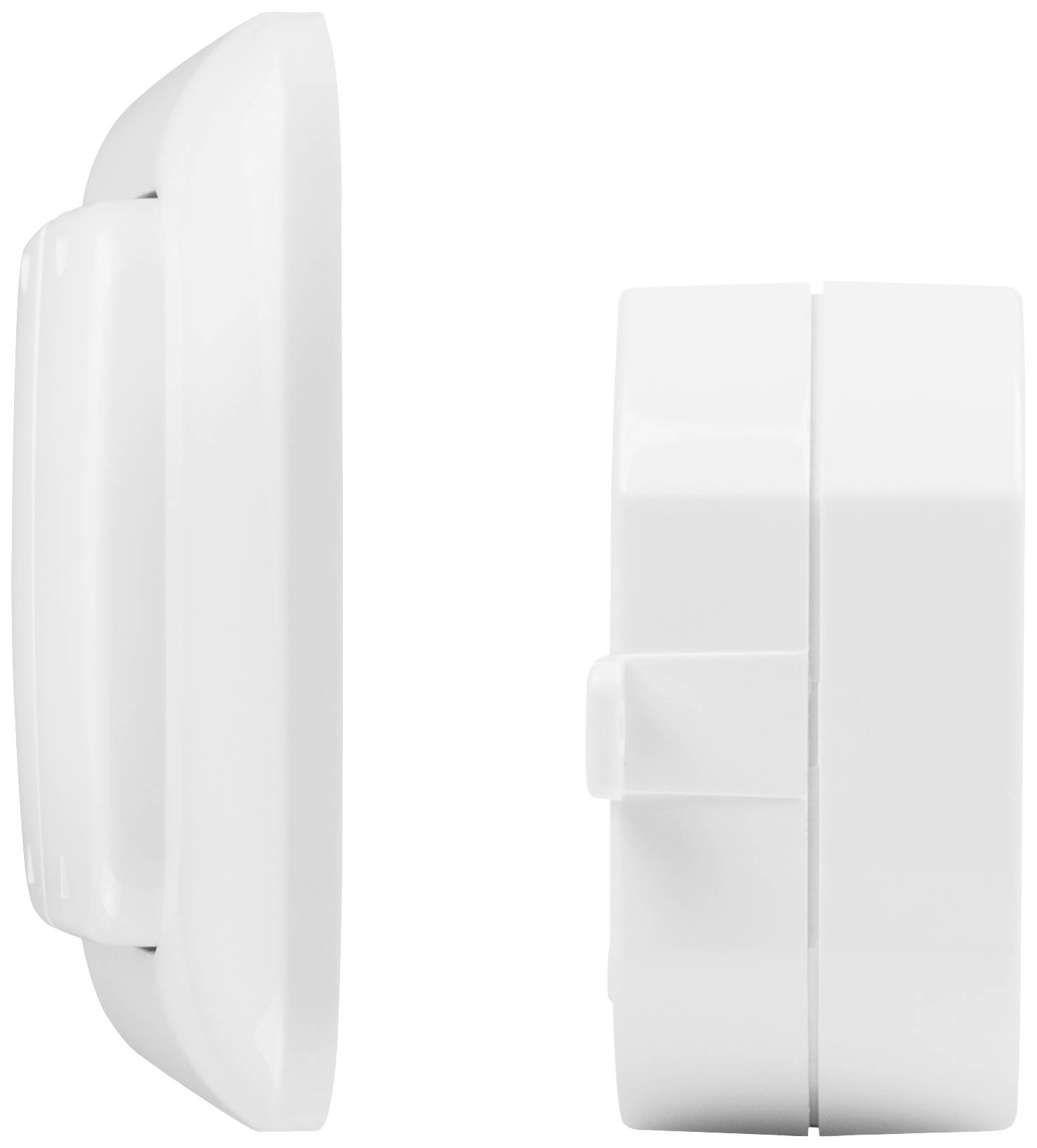 Side view of a white, rectangular device with rounded edges, showing the thickness and design of the casing.