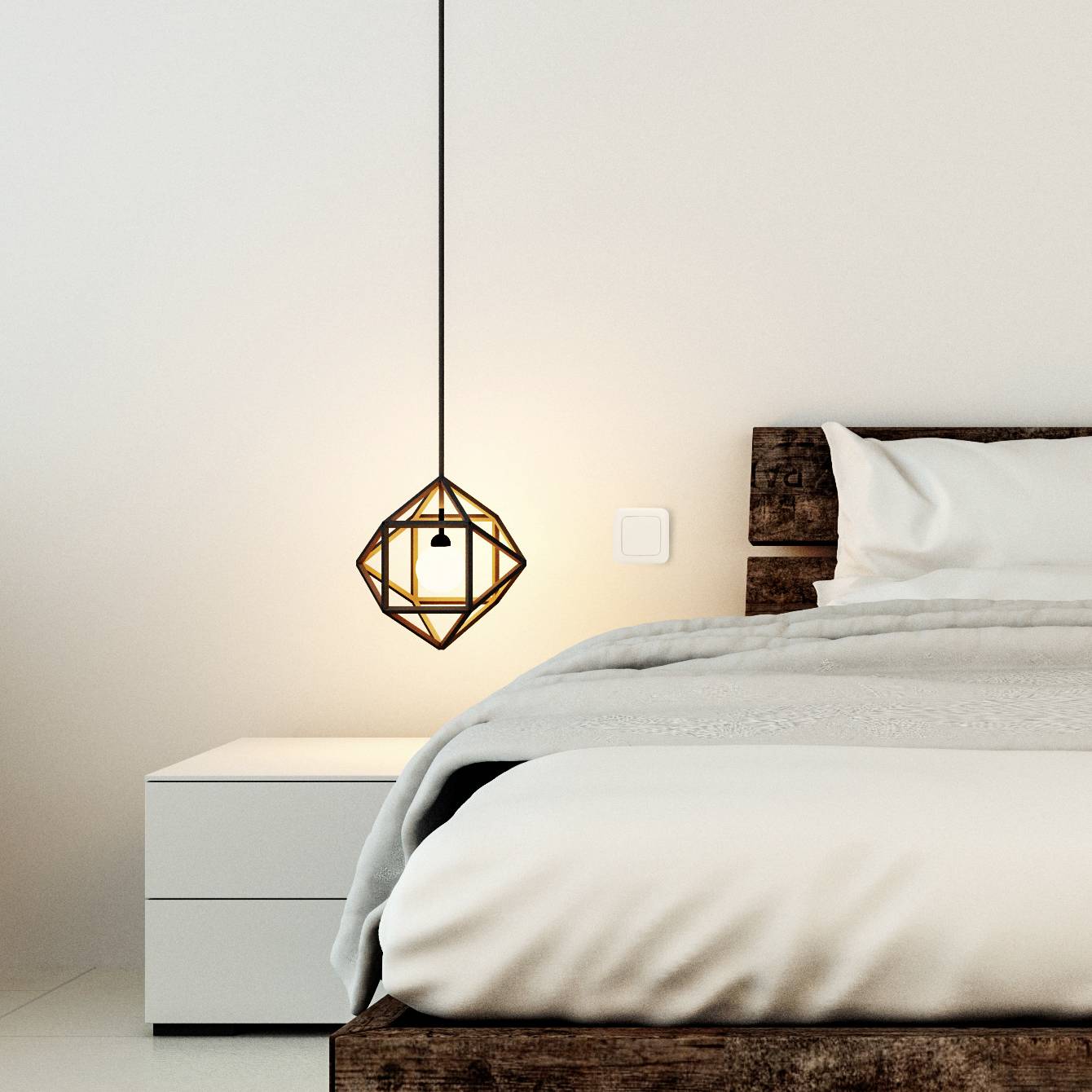 Bedroom with a contemporary hanging lamp, white bedside table and a wooden bed frame with white pillows and blankets.