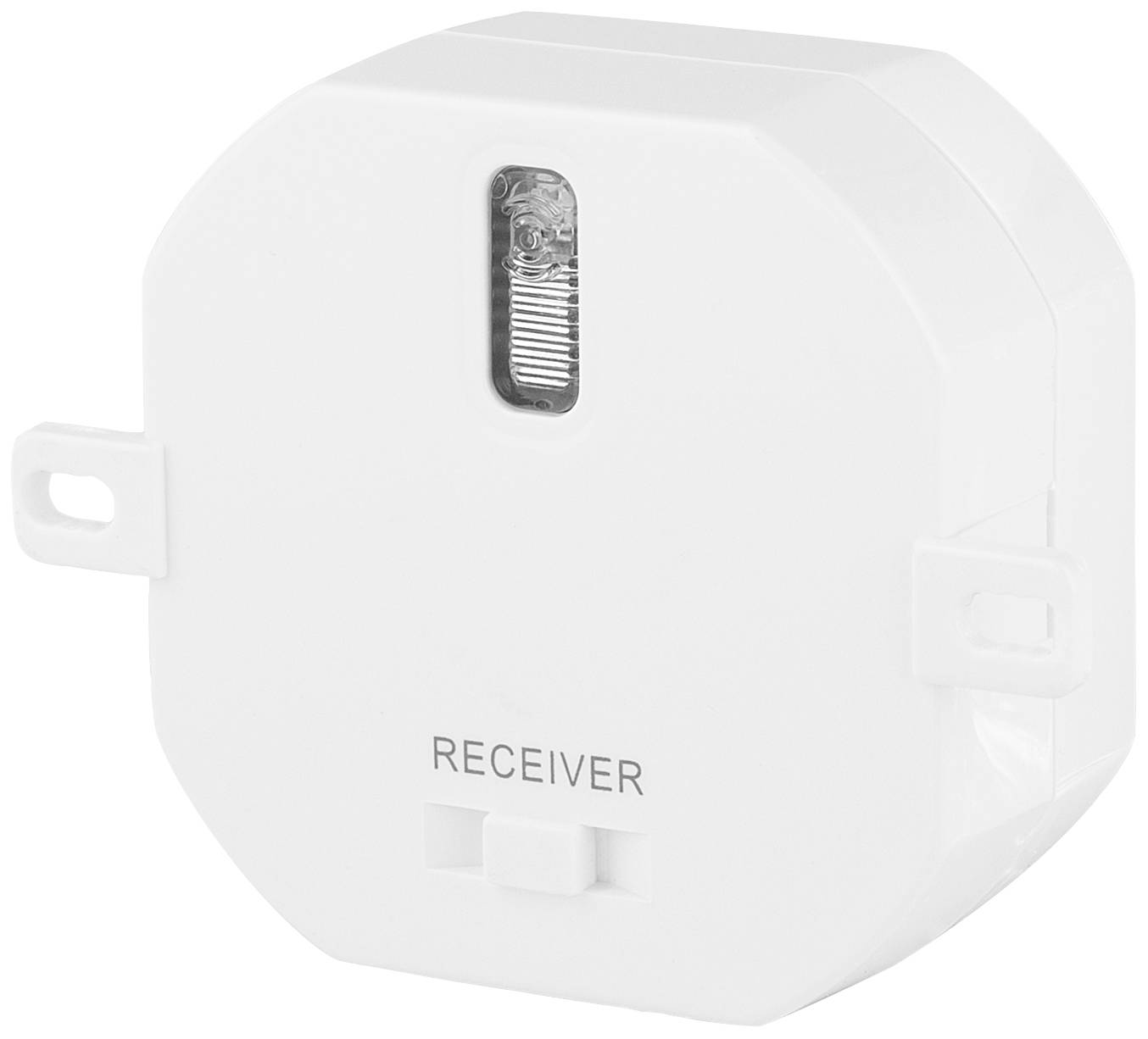 A white rectangular receiver device with the inscription 'RECEIVER'. It has a transparent cover over a section in the top middle area.
