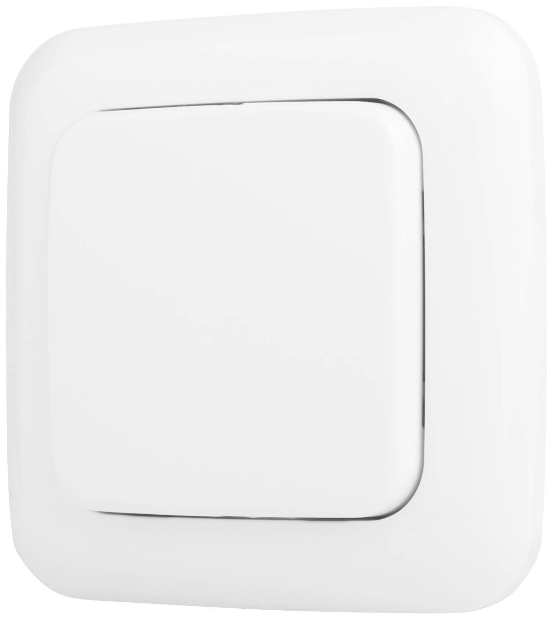 A white light switch in close-up, square, with slightly rounded corners, against a neutral background.