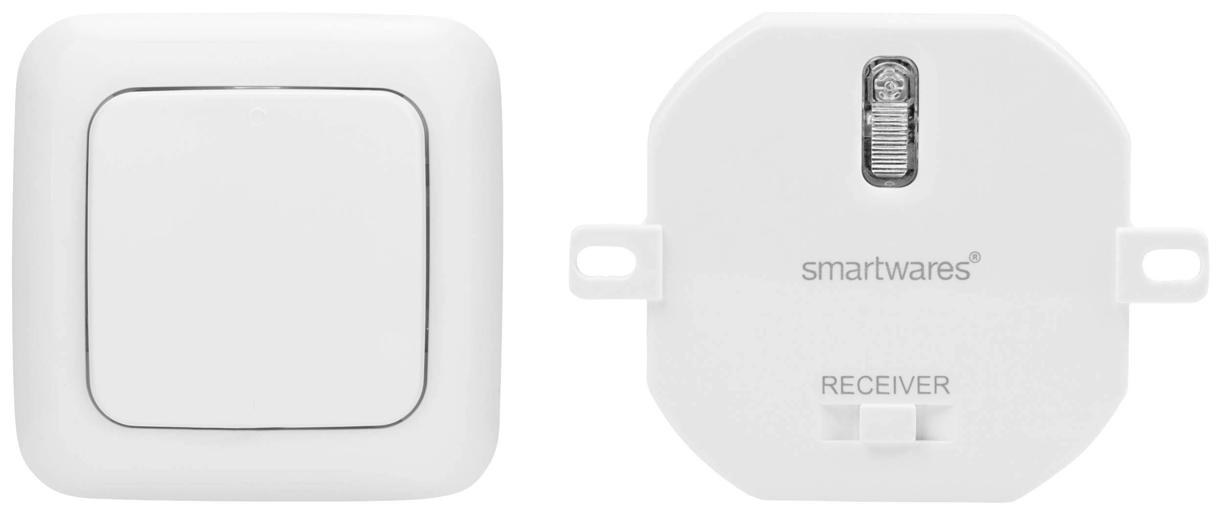 Two devices side by side: on the left, a square light switch, on the right, a rectangular white receiver with the label 'smartwares'.