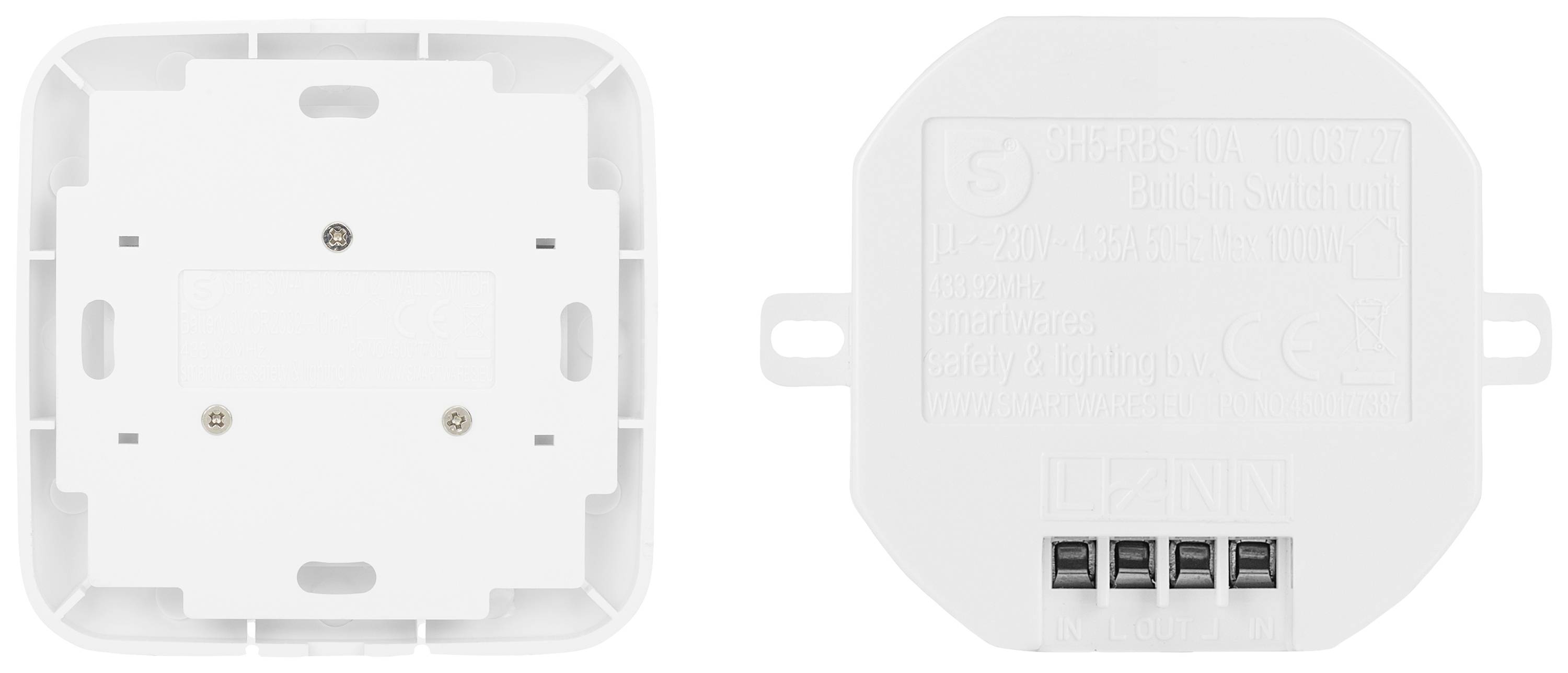 The image shows two white plastic casings side by side. On the left, the back with screw holes is visible, on the right a side with connection terminals.