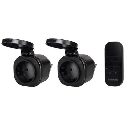 Two black smart plug sockets with protective covers and a remote control with buttons for control.