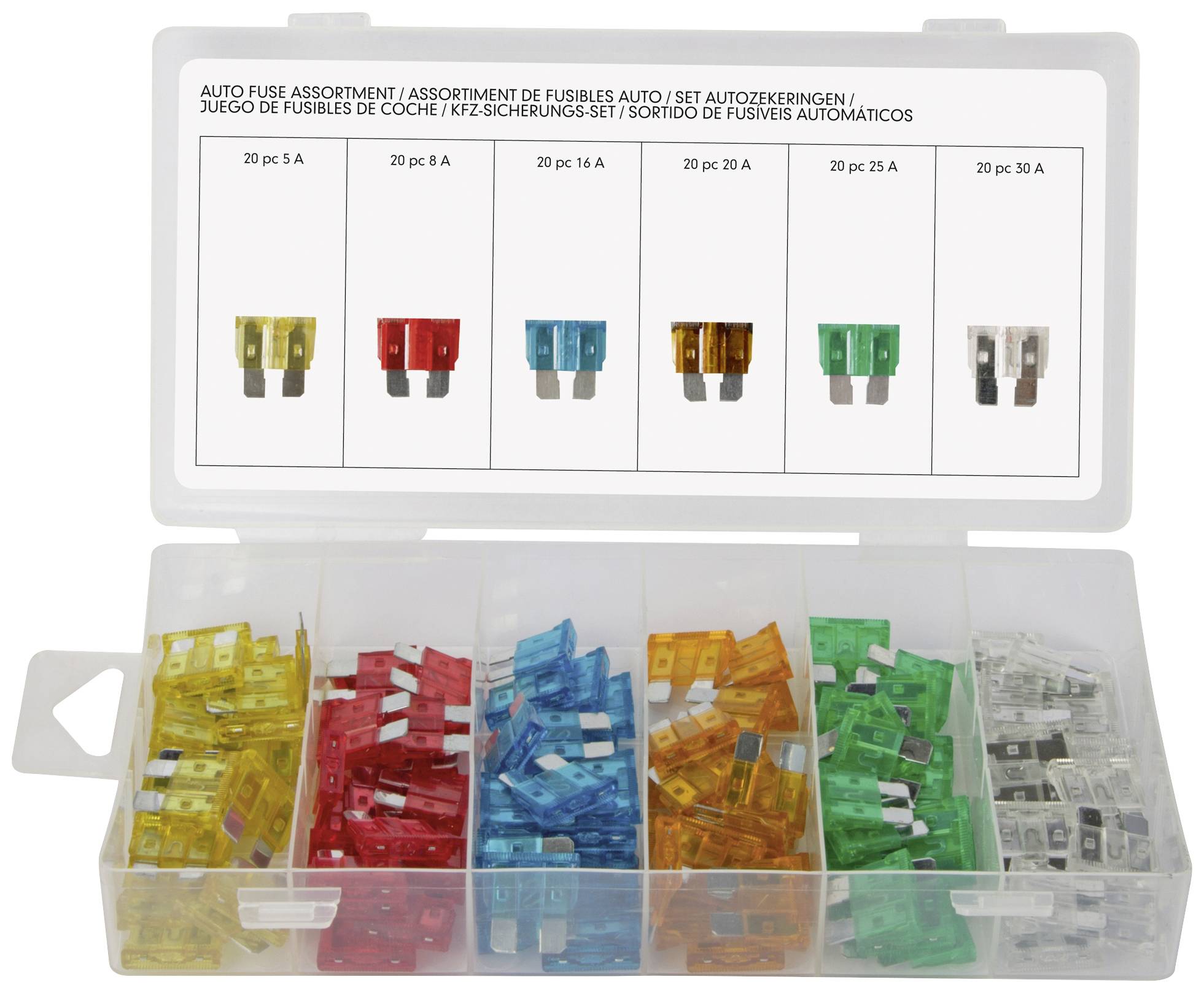 An open box containing various car fuses in multiple colours and amperage ratings: 5 A, 10 A, 15 A, 20 A, 25 A, 30 A.