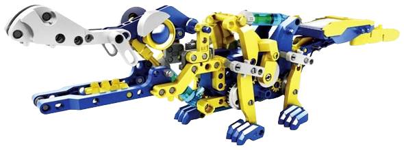 Colourful mechanical dinosaur made from building blocks with movable limbs and intricate construction.