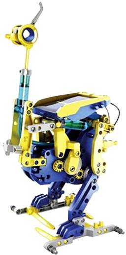 A blue and yellow robot with parrot-like features, constructed from mechanical parts, stands upright.