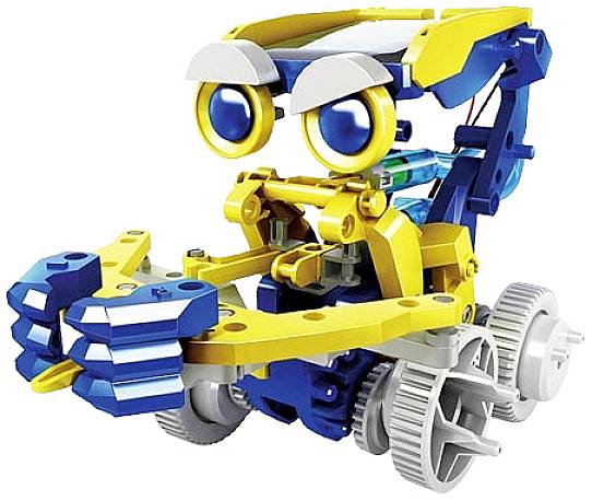 A colourful, toy-like robot with large eyes and grippers, standing on wheels. It has light and blue components.